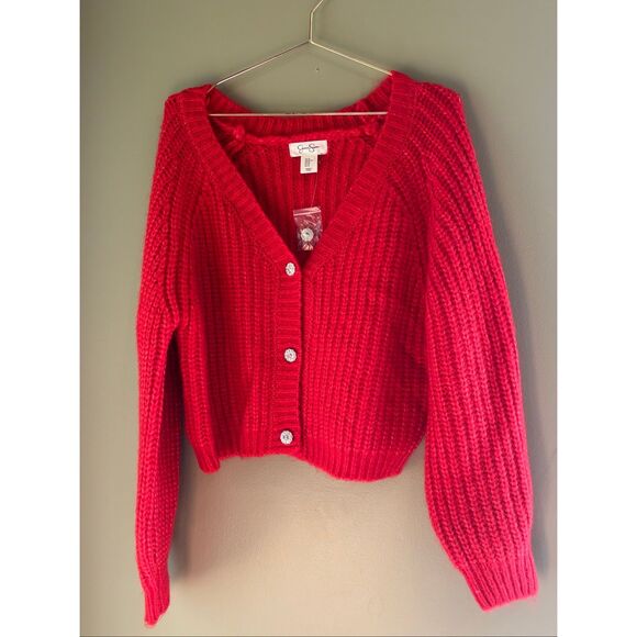 Jessica Simpson NWT XL bright red cropped rhinestone 3 button heavyweight cardig - Picture 1 of 6